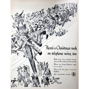 PRINT AD 1943 Christmas Bell Telephone Wires War Crowded Circuits Santa